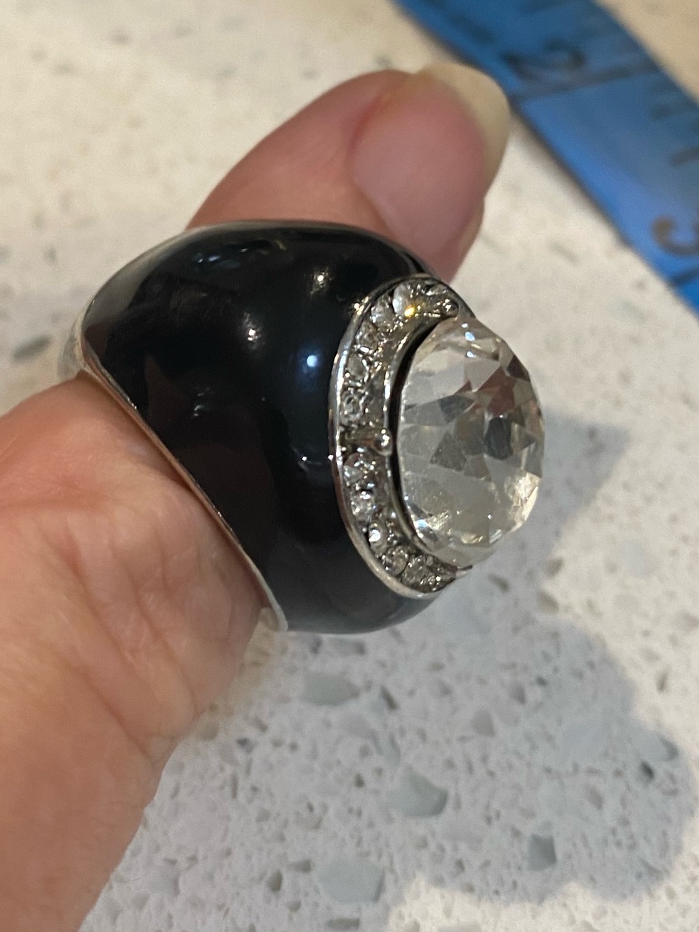 Y2K Gothic Chunky Black Enamel Dome Ring Large CZ Halo Statement Cocktail Bombé